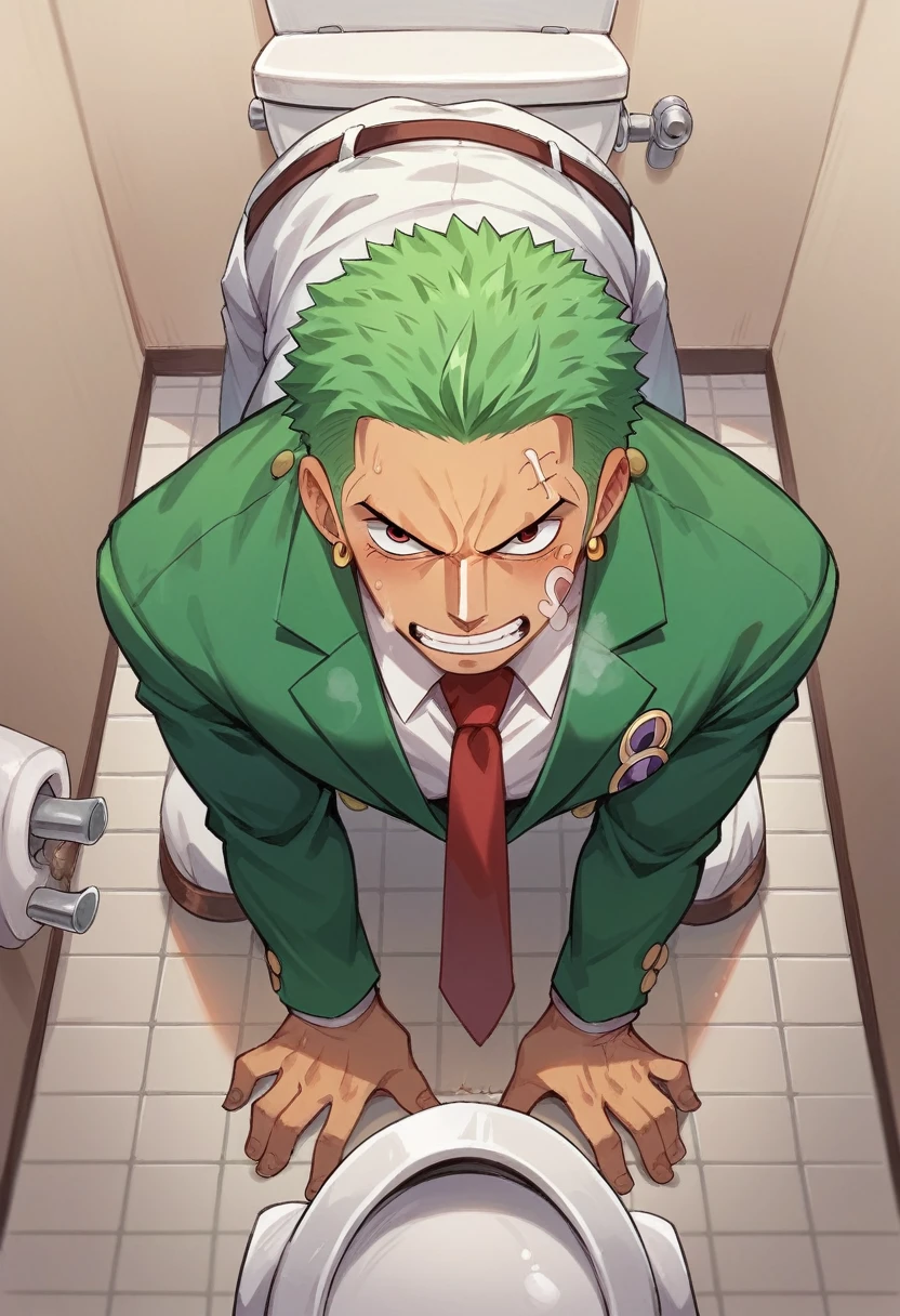 one piece,Zoro,Red tie,blazer,toilet,Dog dish with semen,On all fours