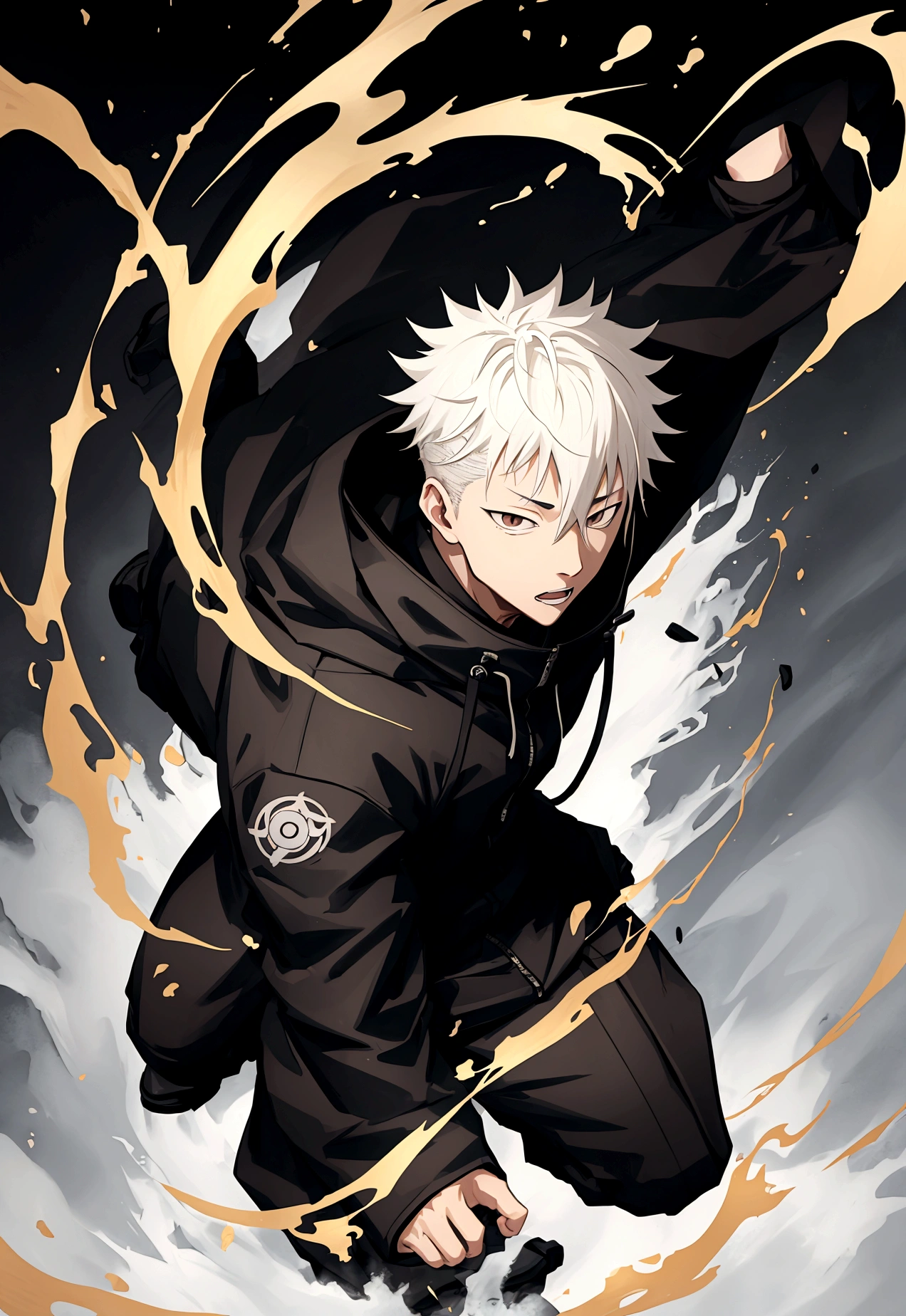 one japanese guy, black parka, blonde with black streak hair, high res, ultrasharp, jujutsu kaisen style, jujutsu kaisen background