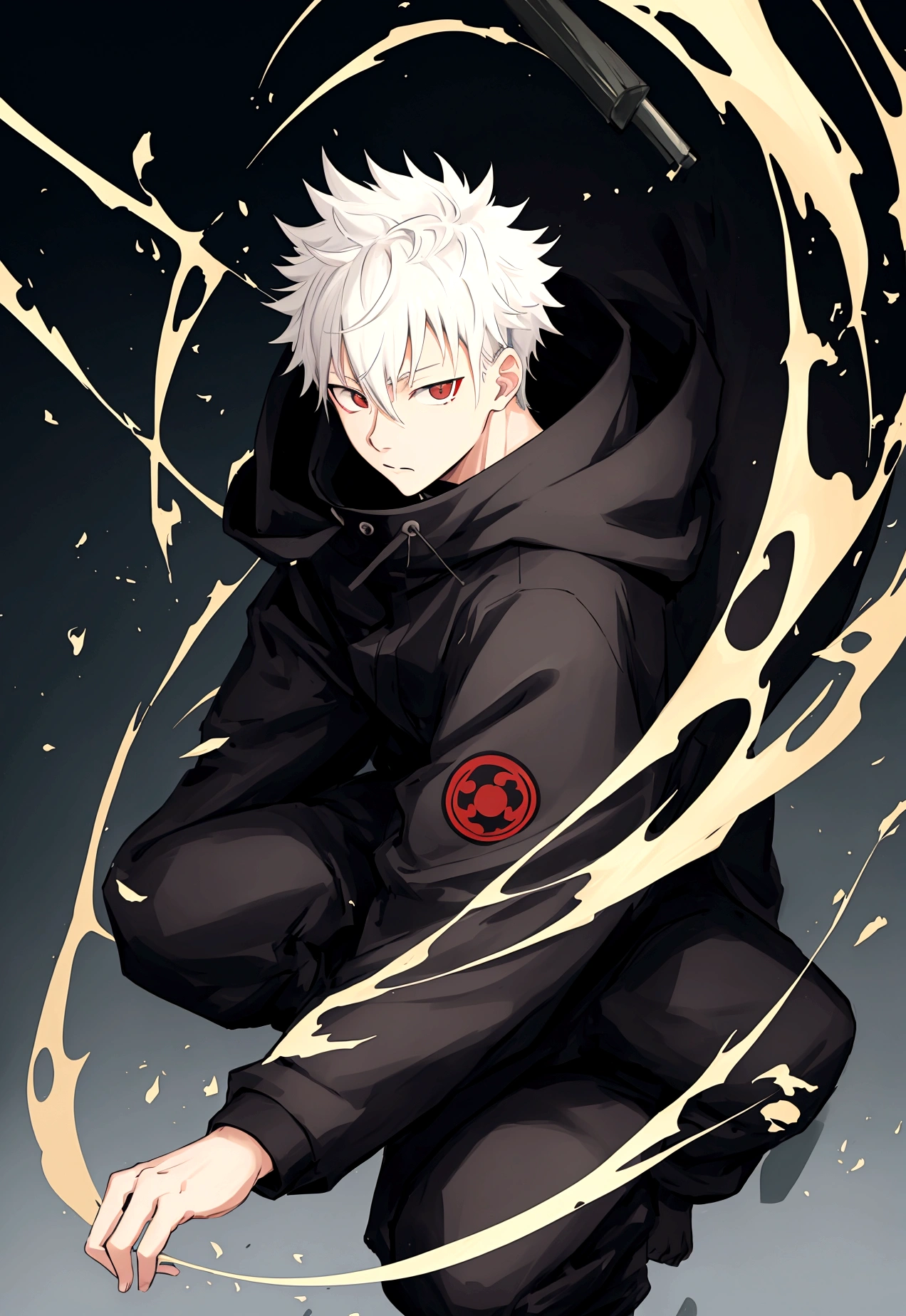 one japanese guy, black parka, blonde with black streak hair, high res, ultrasharp, jujutsu kaisen style, jujutsu kaisen background