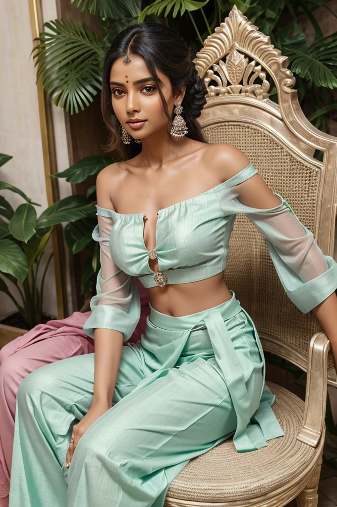A Indian princess with fair skintone and slim body sitting on a throne wearing a pastle pink off shoulder blouse and a pastle green dhoti pant. Her jwelleries are in diamond and she is wearing a thin silver waistband. Her hair was thik long and open.