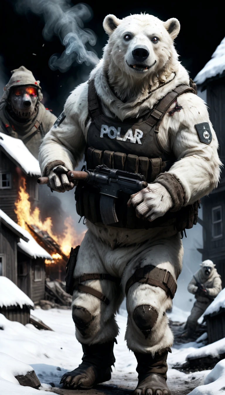 A fully armed army of winter humanoid polar bear soldiers, Dilapidated, Raid a village in the dark, fire, smokes, explode, Tracer, Lenses, Dead people, Body parts, 动作Lenses, In motion, 8K, Ultra HD, Digital SLR Camera, insane detailed, Award-winning photos, (Dark scenes), miscellaneous,
