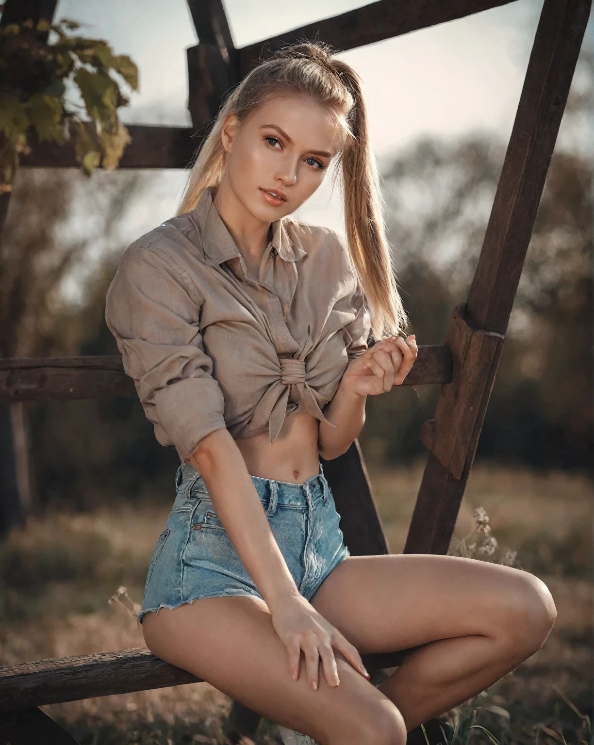 arafed woman sitting on a bench in a field with a long ponytail, Anna Nikonova aka Newmilky, pose casual, olga buzova, Instagram Template, Aleksandra Waliszewska, attractive pose, beautiful model, sexy girl with shorts, modeling photography, beautiful model girl, Yelena Belova, 2 4 year old female model