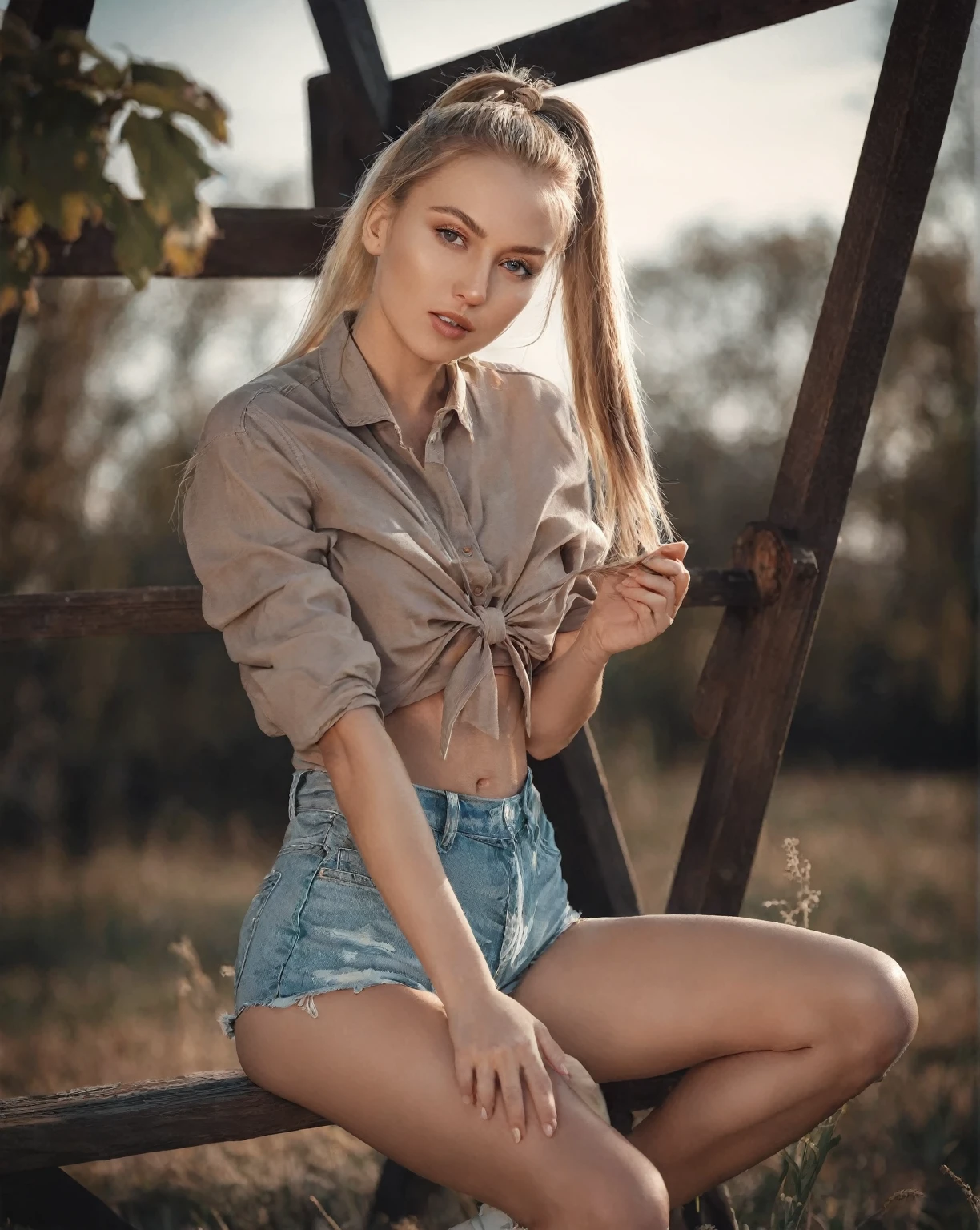 arafed woman sitting on a bench in a field with a long ponytail, Anna Nikonova aka Newmilky, pose casual, olga buzova, Instagram Template, Aleksandra Waliszewska, attractive pose, beautiful model, sexy girl with shorts, modeling photography, beautiful model girl, Yelena Belova, 2 4 year old female model