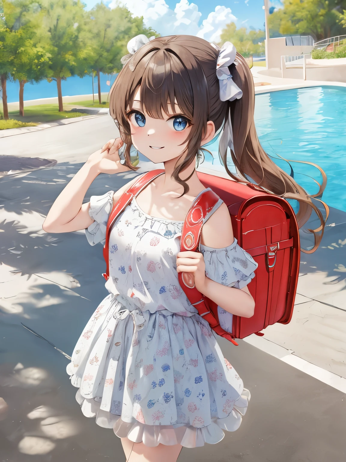 masterpiece, best quality, highres, 1girl, long hair, one side up, solo, ponytail,brown hair, blue eyes, bare shoulders, pink shirt, floral print, short sleeves, off-shoulder shirt, frills, blue skirt, cowboy shot, smile,standing, fullbody, wear high heels, wearing randoseru backpack, (randoseru backpack:1.2), outdoor, day