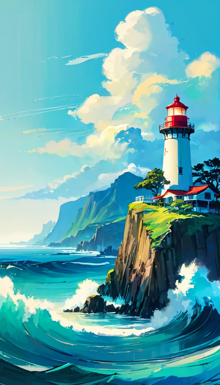 The ocean is right in front of you、Tropics、Ocean、ocean shore、cliff、Bungalow、Resort、turquoise blue、Emerald green、sunshine、water surface、rock、cloud、blue sky、buzzer、Paradise、beautiful、vivid、nature、trip、vacations、beautiful Anime Scenery, Landscape painting, Lighthouse, Beautiful digital painting, andreas rocha, Beautiful artwork illustration, Awesome Wallpapers, Raymond Han, tall beautiful painting, Studio Greebly New Ocean Makoto, Beautiful Wallpaper, Anime Scenery