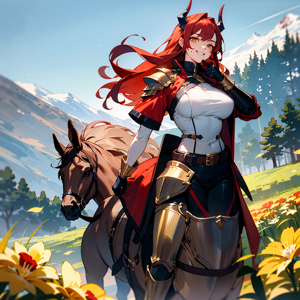 a young Korean woman with golden eyes and lush red hair and large horns, wet bronze skin, a huge chest, a predatory grin, a smile, dressed in a red coat stained with blood and dirt with black fur and rolled up sleeves, heavy golden armor, a wide leather red belt with a large golden yarn, black leather pants, leather gloves, gallops on a horse loaded with bags across a flower meadow against the backdrop of high mountains and forests,