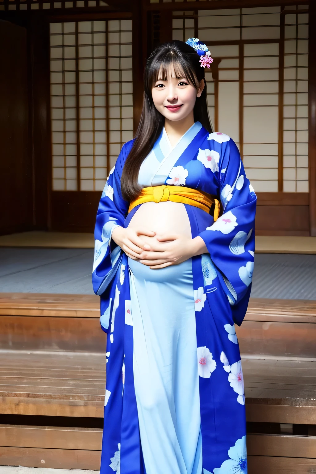 Full body of a cute pregnant girl in a blue kimono
