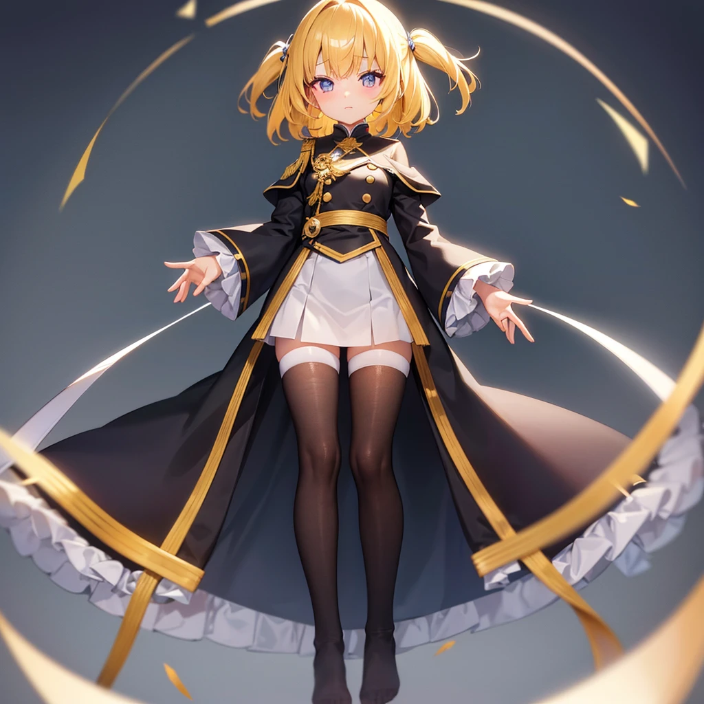 (White tights),barefoot,Cute little ,Tiny ,Small girl,,Childish face, Very fine clean face,Top quality, Big eyes,Straight Hair,Yellow hair,Crimson Eye,(Dark Room), Subtle light, Natural light,Soft lighting,Light from directly behind, (Are standing),Black background