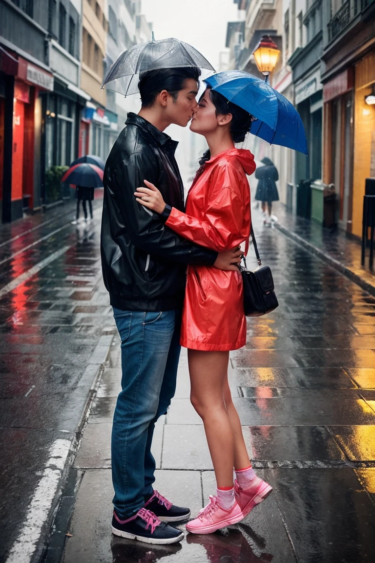> Create an image of boy and girl in their early twenties, kissing under a colorful umbrella on a rainy street. They're dressed in casual clothes and their hair is slicked back by the rain. The atmosphere is full of joy and romance.