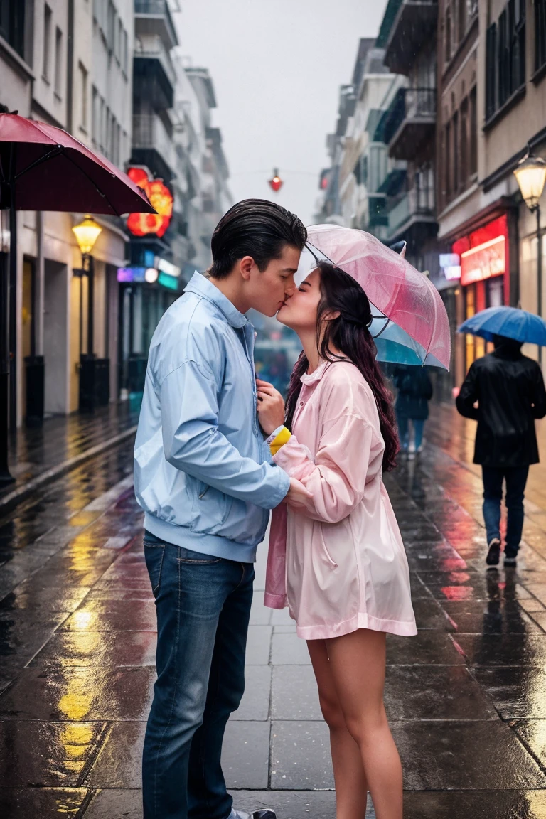 > Create an image of boy and girl in their early twenties, kissing under a colorful umbrella on a rainy street. They're dressed in casual clothes and their hair is slicked back by the rain. The atmosphere is full of joy and romance.
