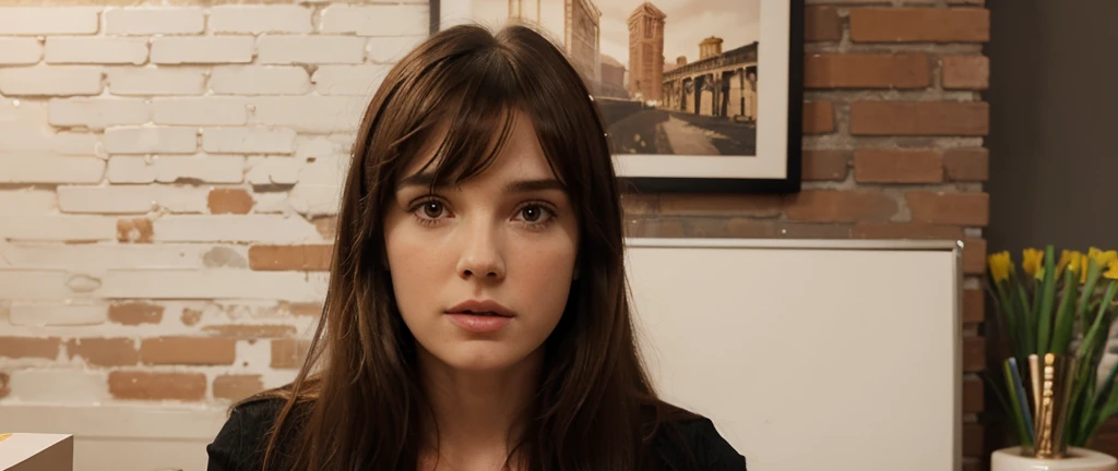 1girl, One Very thin skinny tall pretty skinny zoey deutch, 39 years old, mid long hair, bangs, fringe hair, chatain hair ,bangs hair falling over the forehead, heavy bangs, mid-long hair, sitting on a office chair, talking to the phone, brick wall behind her, art tableaux, cup of tea, office computer, books on shelves, close to the skin dress, very tight dress, central focus point, in the center 
