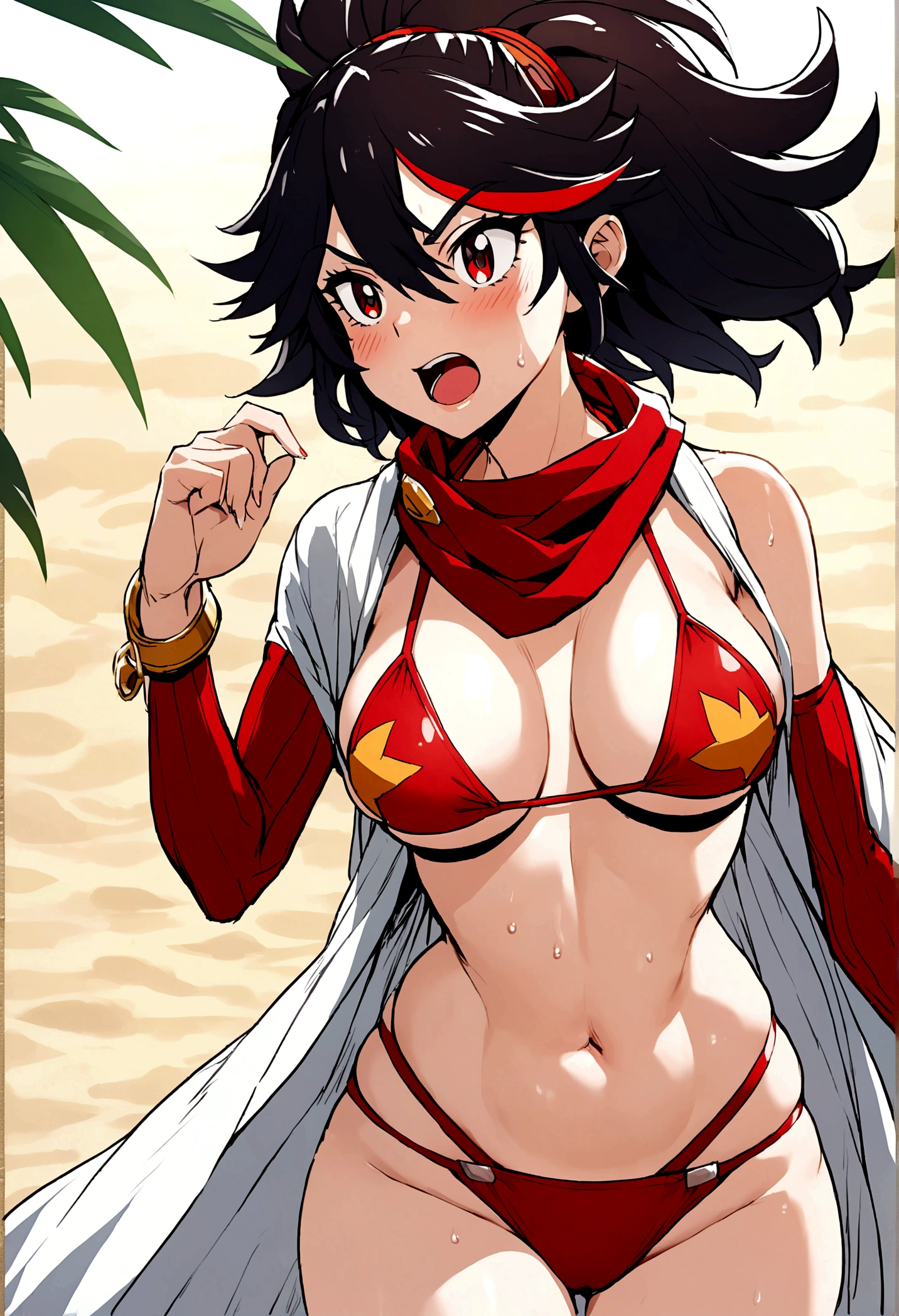 Robin de One Piece, sexy pose, What if , Elly, Red sari, 8k, anime, Shore, Big Boob, large ass, Looks sexy perfect quality eyes blue eyes standing blue bikini