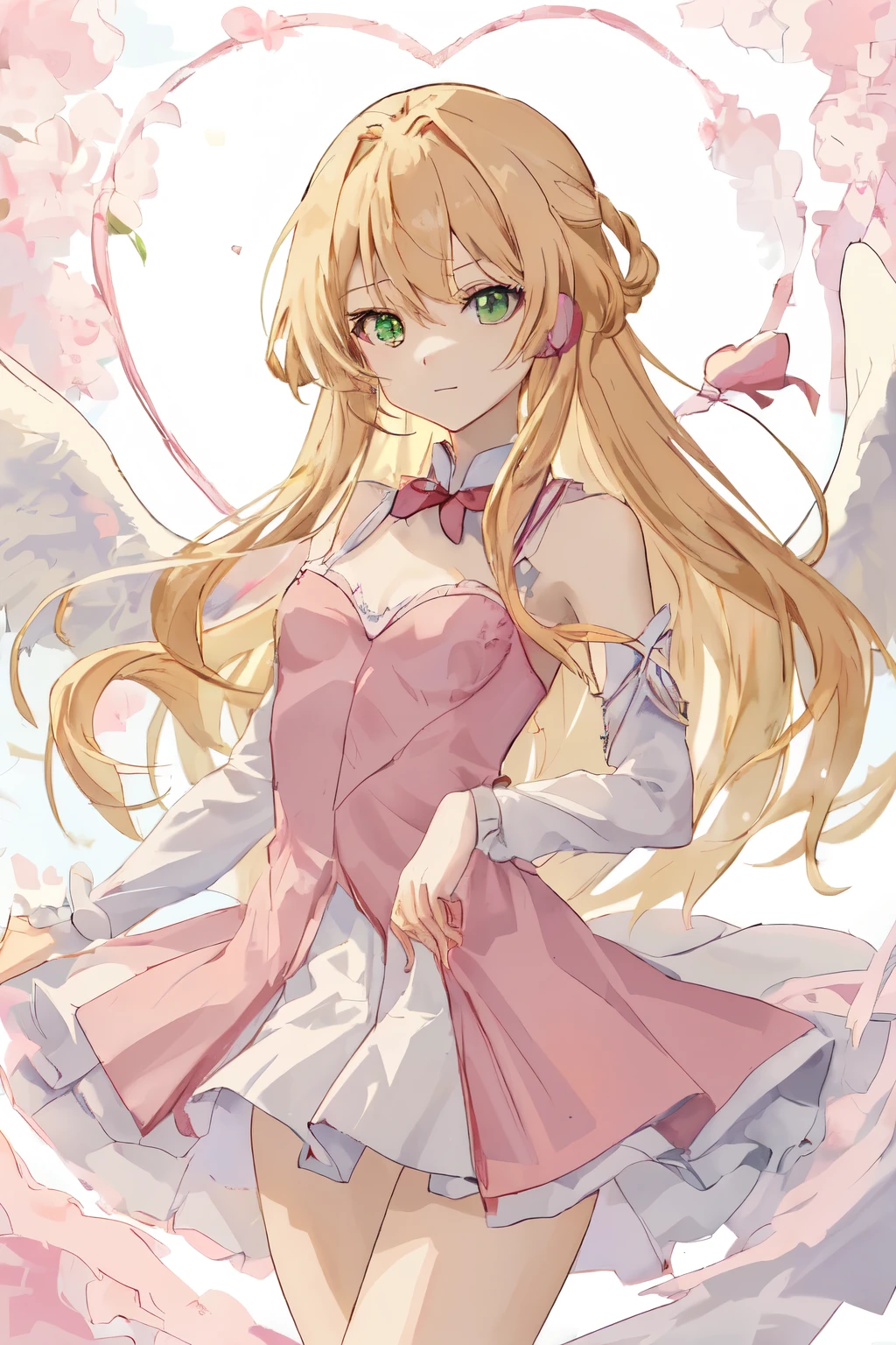1_girl, (anime, kawai:2), (masterpeice, best_quality, clean:1.5), (sky_background:1.2), (cute, cute_smile, young:1.5), (delicate, extremely_delicate, beautiful, thin:1.5), (girlfriend, angel:1.8), (green_eyes, simple_eyes:1.8) (long_hair, blond_hair, wearing_pink_dress, pink_angel_wings, sexy_gloves:1.5), extremely_delicate, (love_magic:1.5), (age_size_fits_body), (small_thighs:1.3), (breasts), (eye_level:1.3), (heart_magic, love:1.5), (folded_legs:1.5), (combat:1.5)