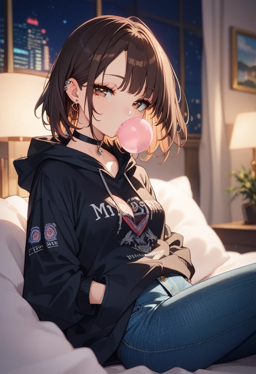 (8k, masterpiece, best quality, ultra-detailed, an extremely delicate and beautiful, official style, depth of field, highly detailed, very aesthetic, intricate, overall detail, perfect anatomy), (night, faint light), hotelroom, sit on bed, looking at viewer, 1girl, solo, black hair, brown eyes, medium hair, half-closed eyes, eyeshadow, faint lips, (ear piercing, industrial piercing), black hoodie, hood, hand in pocket, black choker, denim jeans, (chewing gum, blowing bubbles), gleaming skin