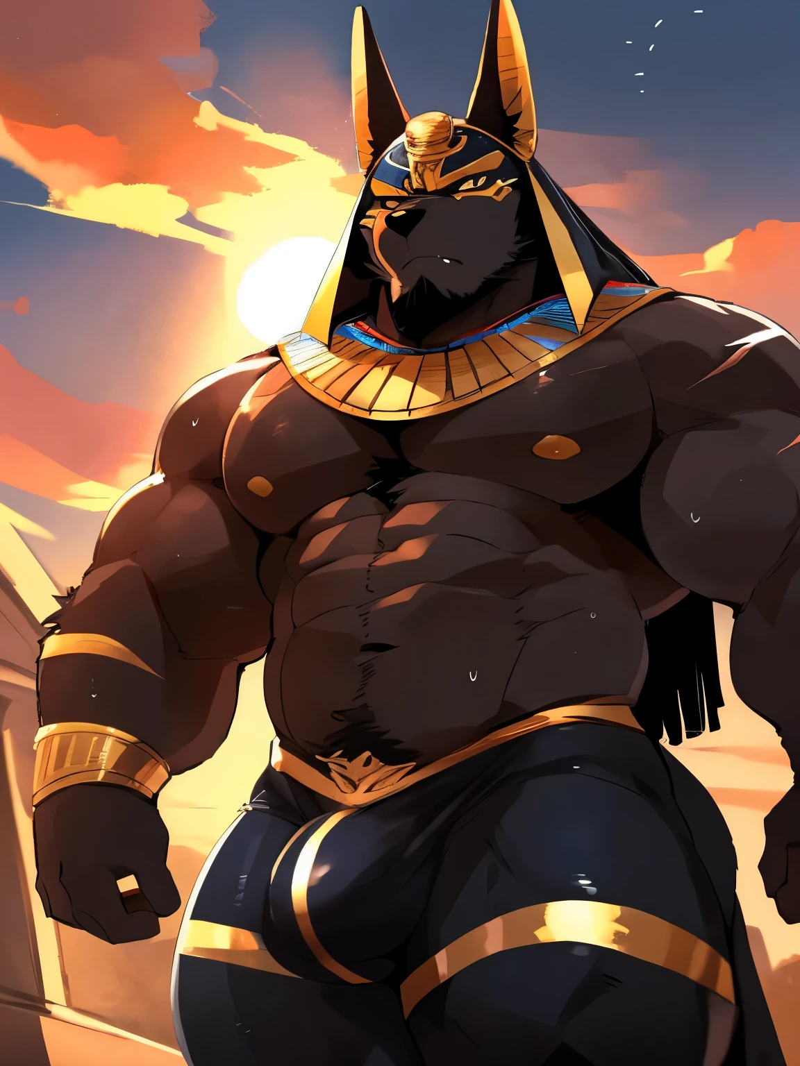 Muscular, male, furry, fluffy, Covered scars, bare chest, hot, (wet: 1.3), abs, wide body, egyptian jewelry, egyptian armor, Looking at viewers, thick beard , (bara pecs: 1.1), anthro jackal, anubis mask, black body, black furr chest, wide body, (big chest: 1.3) , thick thighs, wearing tights, (bulge: 1.1), barely visible genitals, detailed genitals outline , intimidating frown expression, gold nipples ring, dark dramatic lighting, sunset, low angle, dutch angle, by hyaku , by darkgem