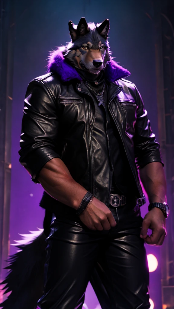 Big buff male anthropomorphic wolf , black leather jacket, black leather pants, with a purple fedora.