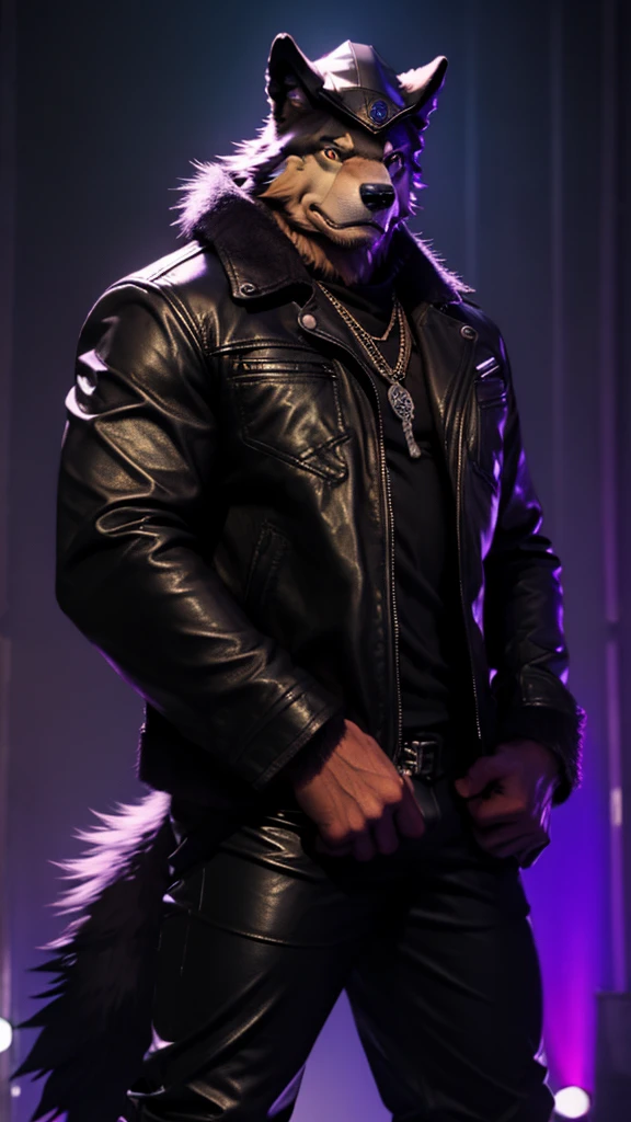 Big buff male anthropomorphic wolf , black leather jacket, black leather pants, with a purple fedora.