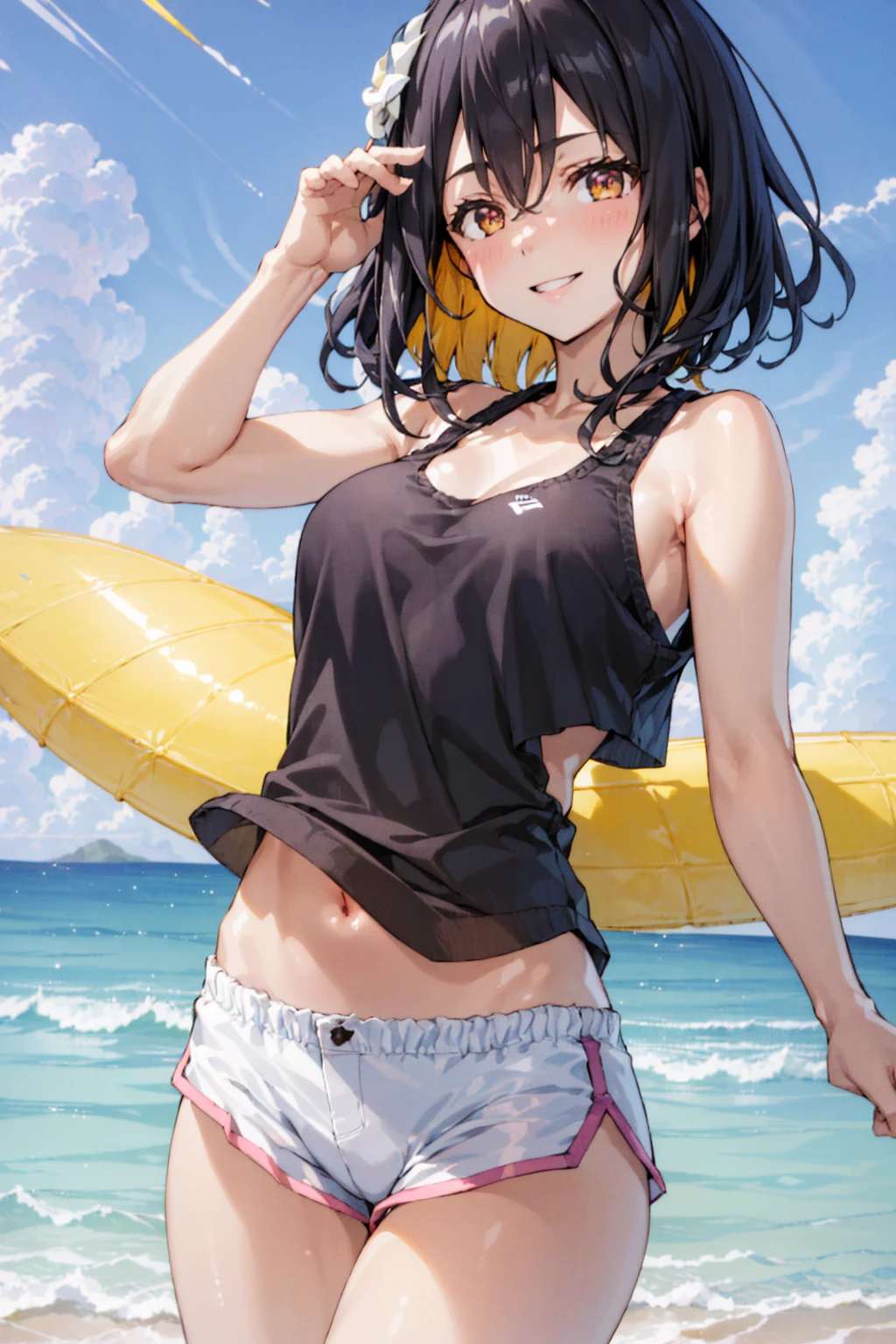(masterpiece),(best quality:1.0), (Ultra-high resolution:1.0), Detailed description, 8K, 1 Girl, Black Hair, Wavy, short hair, Large target , Smile, Pink vest, shorts, beach, attractive
