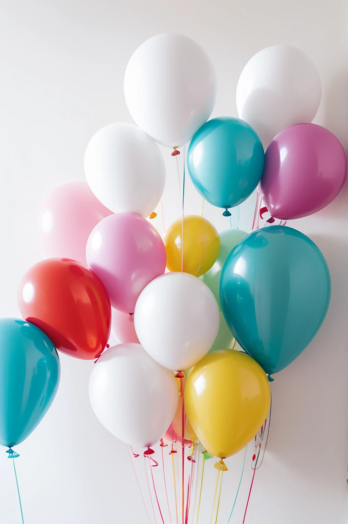 Create an image of several colorful balloons floating inside a minimalist white room