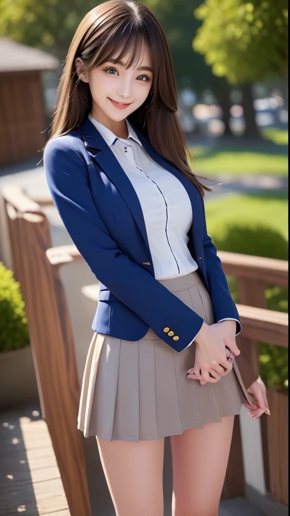 One Girl,Crowded, Long Hair, Brown Hair, Sexy, A line of girls, Girls standing in a row, Girls only, Sisters, ((uniform。blazer、mini skirt)),Full body photo:1.9, Adorable, smile, Slim face, The body is slim, Short Brown Hair, 32k, masterpiece, Best image quality,Ultra-high resolution,Perfect hands,high school girl、Japanese women、blue eyes、bangs、Very profuse and very long eyelashes, 、Big Breasts、Beautiful girl in sailor suit、Big Breasts、Huge breasts、blue sky、Your hands should hang down at your sides、Stand up straight
