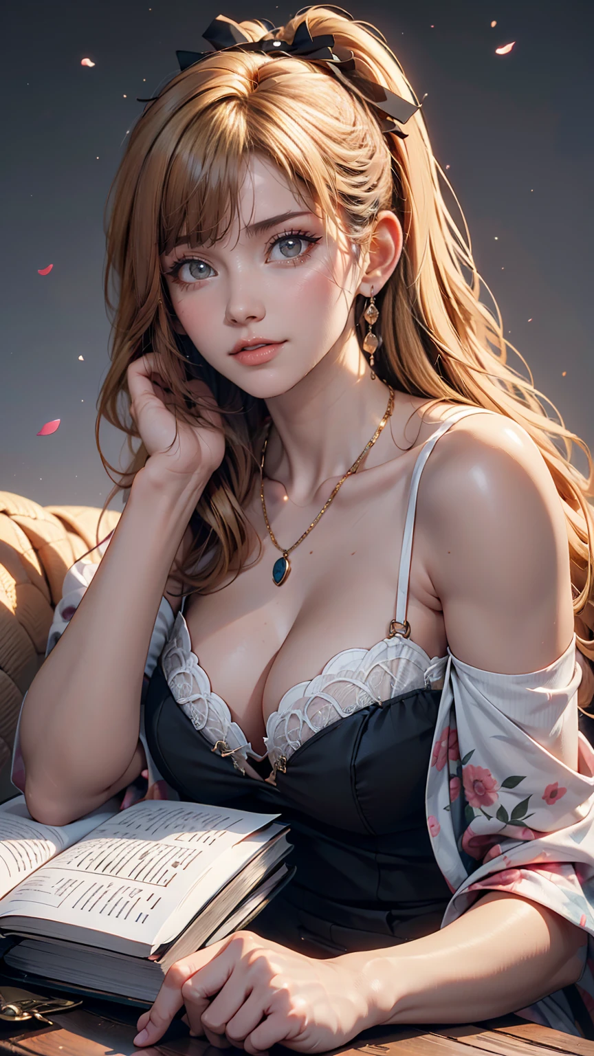 cute, Ultra-detailed, figure, complicated, be familiar with, Very detailed, be familiar with顔, Nice face, Soft Light, Soft Light, Soft Focus, Perfect Face, beautiful, Accurate anatomy, Exposure, 8K, 4K, (High resolution:1.1), Highest quality, (masterpiece:1.3), One girl, blue eyes, Looking at the viewers, Earrings, Hair above one eye, Medium Sidecut, Blonde Hair, Pink bangs, necklace, Closed Mouth, Portraiture, clock, hair accessory, Simple Background, Gray background, Long Hair, Headrest, lips, Hair Ribbon, Black Color, Book, eyelash, Sexy look staring at the camera