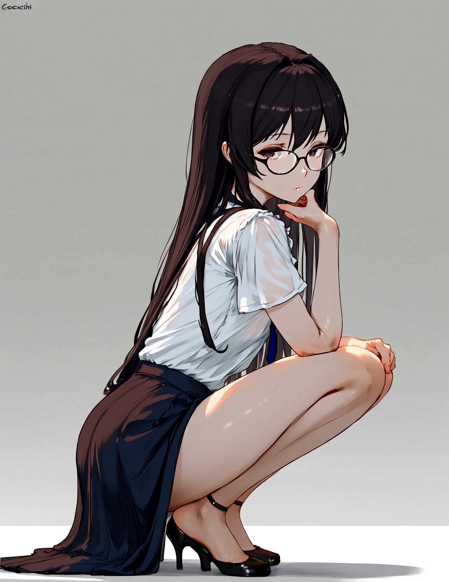 a woman in a short skirt and glasses is posing for a picture, a hyperrealistic , hyperrealistic , cutesexyrobutts, realistic , seductive anime girl, lit from behind, , bending over, ecchi, ecchi anime style, oppai, beautiful anime girl squatting, ecchi style, anime, anatomically correct, super detail, high quality, 4K