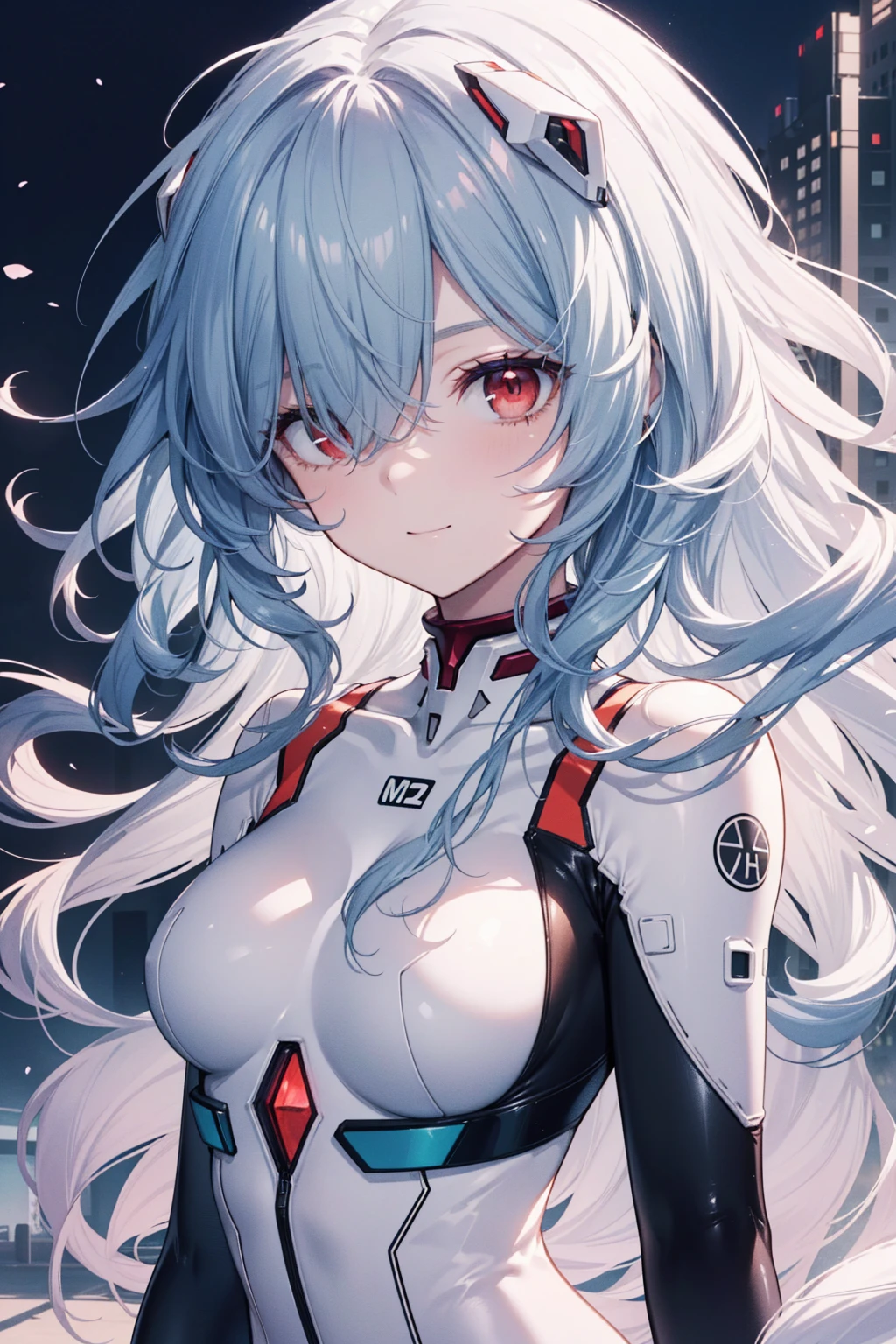 reiayanami, Rei Ayanami, Blue hair,(Long_messy_hair:1.4),(curly hair:1.4), (Red Eyes:1.5),light_smile,(half_eye:1.5)
BREAK bodysuit, headgear, plugsuit, White bodysuit,cowboy_shot,
BREAK outdoors, city,
BREAK looking at viewer,
BREAK (masutepiece:1.2), Best Quality, High resolution, Unity 8k Wallpaper, (Illustration:0.8), (Beautiful detailed eyes:1.6), extra detailed face, Perfect Lighting, extremely details CG, (Perfect hands, Perfect Anatomy),