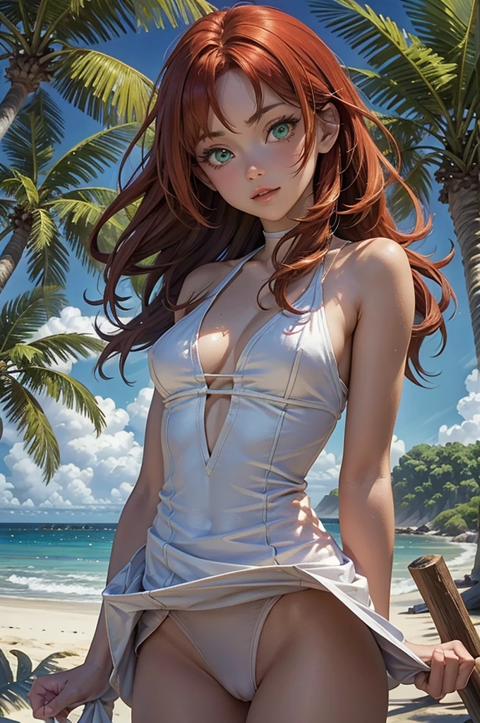 masterpiece, rich colors, Best quality, detailed, high resolution, Hyper quality, high detail, , high quality, detailing, skinny sexy girl on the beach , bright lighting , green eyes, Anime, palm trees, bright lighting, redhead,