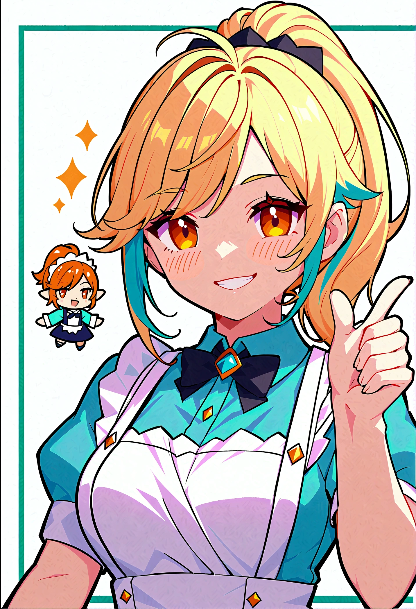 score_9, score_8_up, score_7_up, score_6_up, masterpiece, best quality, (chibi style, chibi emote), focus face, centered, 1girl, (multicolored hair, ponytail hairstyle), orange eyes, thumbs up, smile, fair skin, cyan and white maid dress, white background, simple background