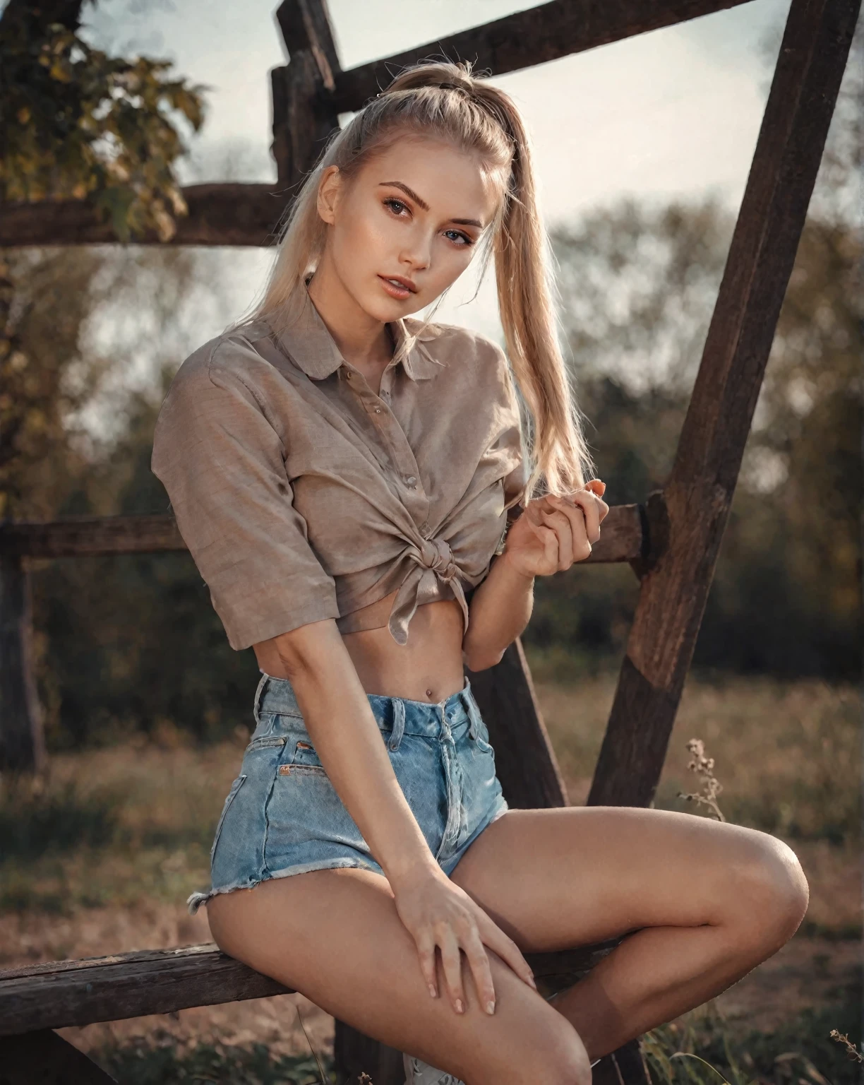 arafed woman sitting on a bench in a field with a long ponytail, Anna Nikonova aka Newmilky, pose casual, olga buzova, Instagram Template, Aleksandra Waliszewska, attractive pose, beautiful model, sexy girl with shorts, modeling photography, beautiful model girl, Yelena Belova, 2 4 year old female model