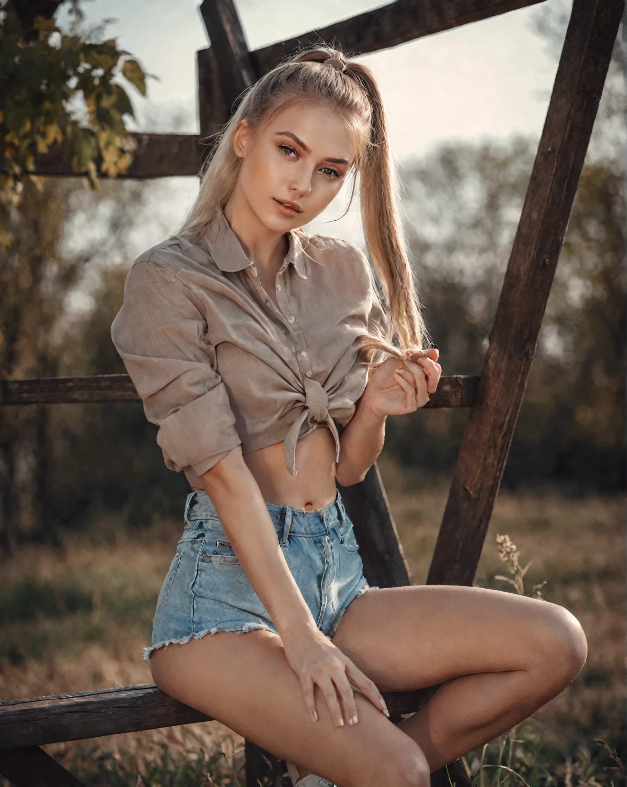 arafed woman sitting on a bench in a field with a long ponytail, Anna Nikonova aka Newmilky, pose casual, olga buzova, Instagram Template, Aleksandra Waliszewska, attractive pose, beautiful model, sexy girl with shorts, modeling photography, beautiful model girl, Yelena Belova, 2 4 year old female model