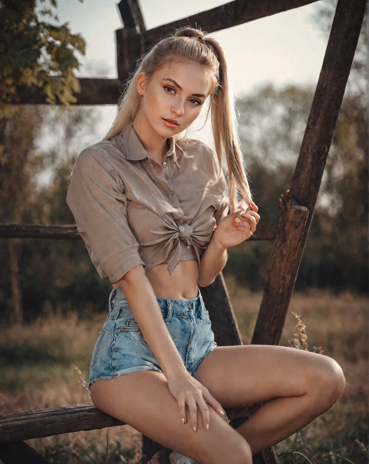 arafed woman sitting on a bench in a field with a long ponytail, Anna Nikonova aka Newmilky, pose casual, olga buzova, Instagram Template, Aleksandra Waliszewska, attractive pose, beautiful model, sexy girl with shorts, modeling photography, beautiful model girl, Yelena Belova, 2 4 year old female model