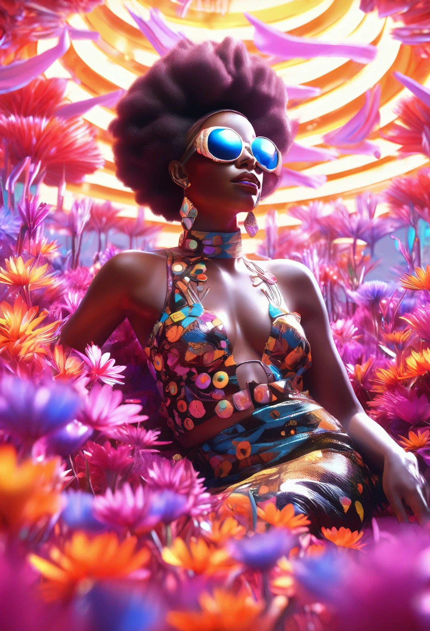A luminescent 3D render of a black woman dressed in african attire and wearing sunglasses reclining amidst a kaleidoscopic garden of blossoming flowers, petals shimmering with an otherworldly glow, as dice fall from the sky, their scattered trajectory eerily reflected in the black woman's sunglasses, like a celestial omen. The image bursts with vibrant, exaggerated hues, reminiscent of Pixar's fantastical realms, illuminated by a dramatic ring light that underscores the surreal quality of this intergalactic oasis.