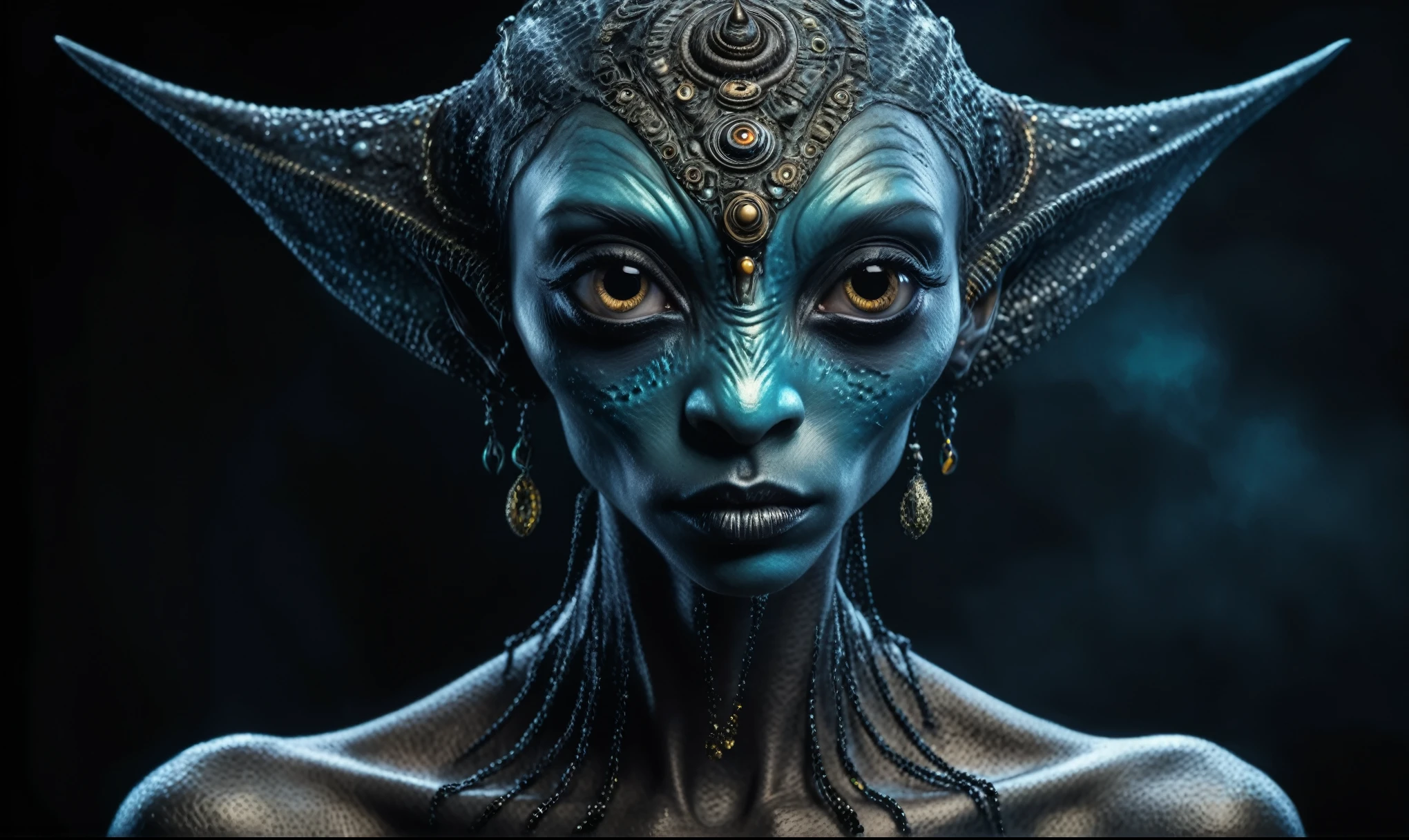 full body length shot,nerd graphite  Alien Entity,native africa slave ,nowadays azctec central city,Cinematic,soft colors, Technicolor,natural skin textures, hyper realism, hyper detailed,Extremely detailed,High contrast,Masterpiece,Realistic,Ultra Detailed, intricate details,realistic humid leather,extremely intricate details,Epic Realistic, cinematic style, irina yermolova,high contrast,hdr,extremely detailed, [deep night landscape],masterpiece, intricate details, eyes extremely detailed, high detailed eyes,8k resolution,retina, Nikon Z9,Korea,orc,Egypt, Pisces, transition between two art styles, Double contact, X-ray, Creative, vivid light, fantasy, Abstract, Surrealism, super detailed, high resolution,insanity wear,skin  almost translucent,  symbols of mourning and gothic elements, further emphasizing its dark air,Mestichino,Light particles,chaos,starfish's leather

