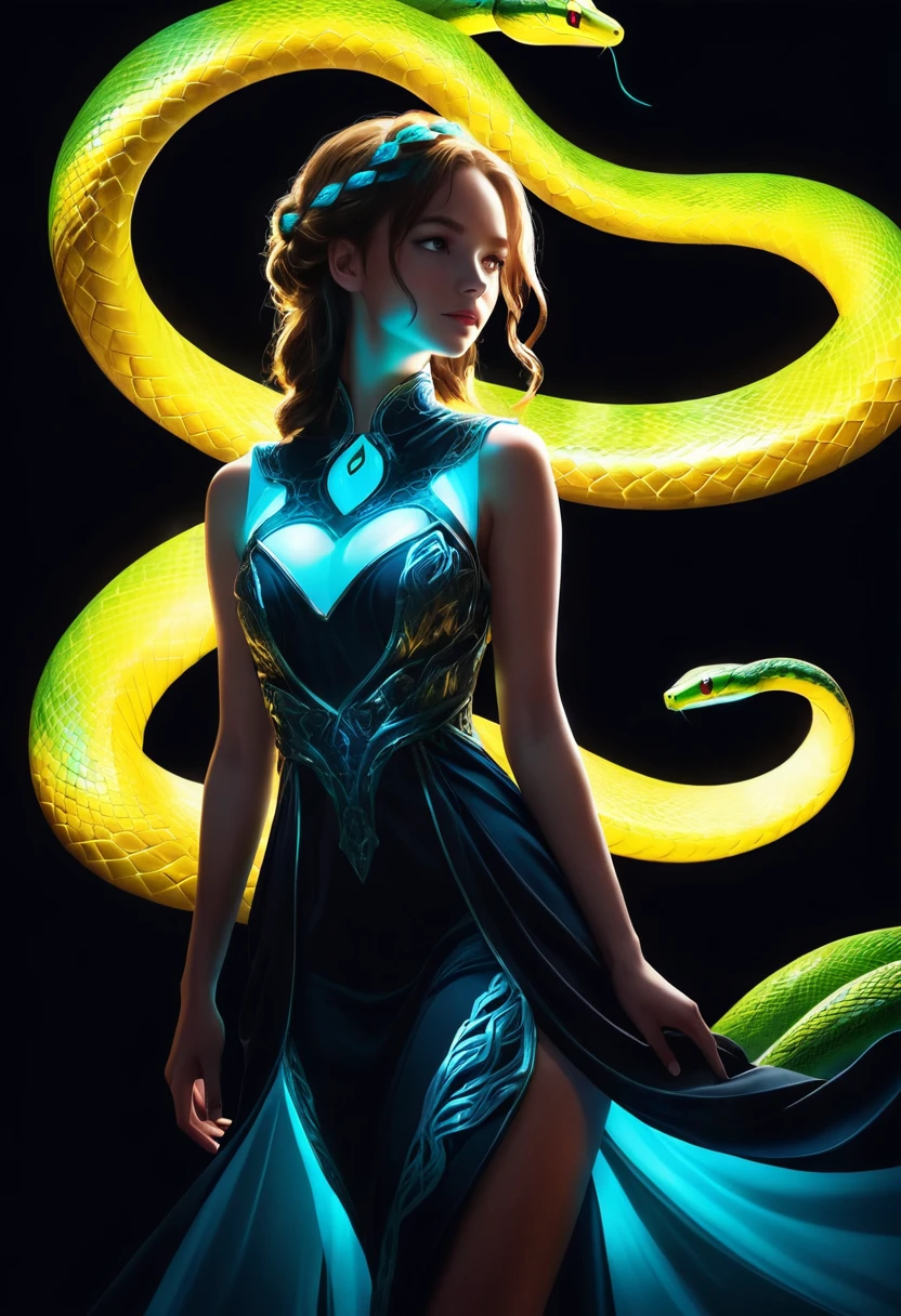 (a glowing snake:1.75), a girl wearing a dress, lighting, fantasy, black background, high detail, cinematic, full color