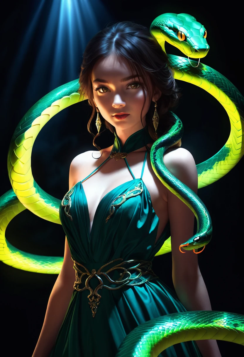 (a glowing snake:1.75), a girl wearing a dress, lighting, fantasy, black background, high detail, cinematic, full color