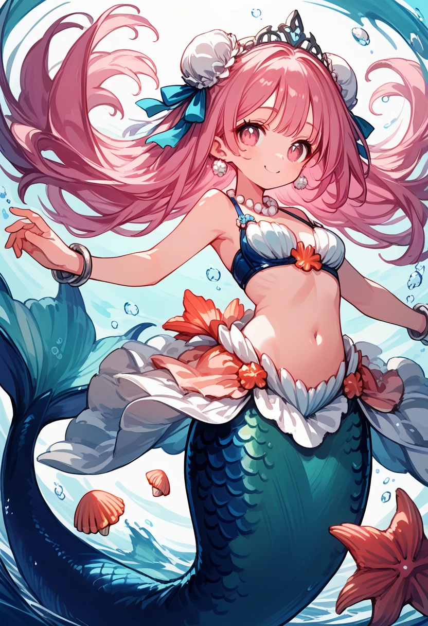 Very detailed, masterpiece, high quality, magically transformed into a mermaid、cute anthropomorphic mouse girl, Fantasy, Race change, smile, Anime Style, Long mermaid tail below waistline, pelvic and dorsal fins,(((whole bodyピンク色))),(((Seashell bra))), pearl earrings and bracelet, Pearl Necklace,masterpiece, 最high quality, High resolution, {Detailed and beautiful eyes}, finely,  Detailed and beautiful eyes,1 Girl, (alone:1.5),  (((Hair Ribbon:0.4)))), Pink Eyes,Cinematic Angles,perspective,(((White bun hair))),(((Long pink hair))),whole body,Kunimi Tama,