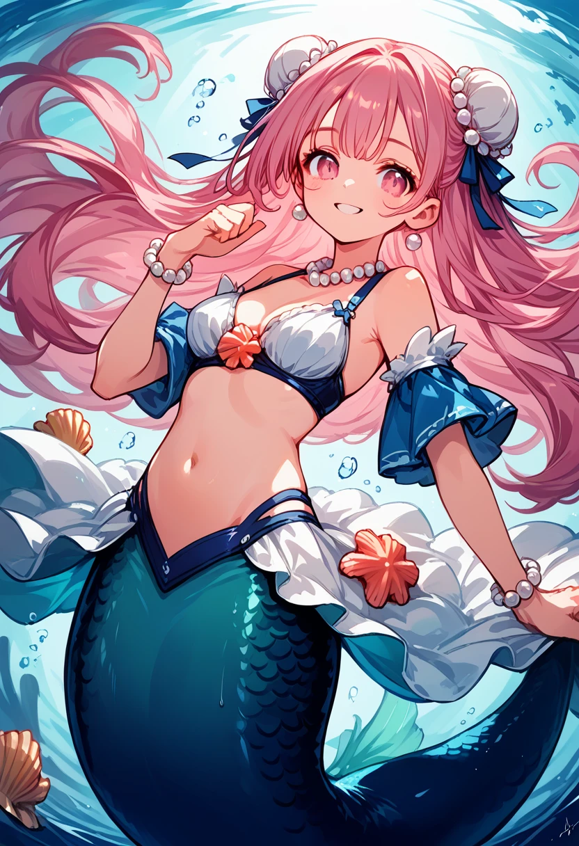 Very detailed, masterpiece, high quality, magically transformed into a mermaid、cute anthropomorphic mouse girl, Fantasy, Race change, smile, Anime Style, Long mermaid tail below waistline, pelvic and dorsal fins,(((whole bodyピンク色))),(((Seashell bra))), pearl earrings and bracelet, Pearl Necklace,masterpiece, 最high quality, High resolution, {Detailed and beautiful eyes}, finely,  Detailed and beautiful eyes,1 Girl, (alone:1.5),  (((Hair Ribbon:0.4)))), Pink Eyes,Cinematic Angles,perspective,(((White bun hair))),(((Long pink hair))),whole body,Kunimi Tama,