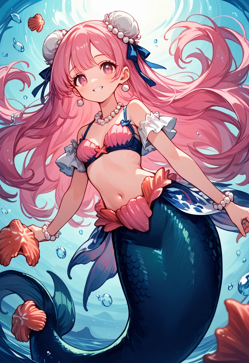 Very detailed, masterpiece, high quality, magically transformed into a mermaid、cute anthropomorphic mouse girl, Fantasy, Race change, smile, Anime Style, Long mermaid tail below waistline, pelvic and dorsal fins,(((whole bodyピンク色))),(((Seashell bra))), pearl earrings and bracelet, Pearl Necklace,masterpiece, 最high quality, High resolution, {Detailed and beautiful eyes}, finely,  Detailed and beautiful eyes,1 Girl, (alone:1.5),  (((Hair Ribbon:0.4)))), Pink Eyes,Cinematic Angles,perspective,(((White bun hair))),(((Long pink hair))),whole body,Kunimi Tama,