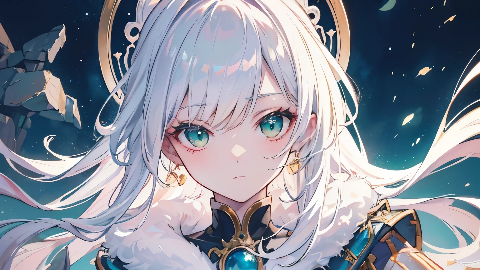 vintage style fantasy, Masterpiece, magnificent art, Best Quality, 1 girl, close up girl nordic princess, Scandinavian mountains, winter weather, symmetrical and hyper-detailed face, silky skin like peach silk, vibrant and aggressive green eyes, waist-length messy white hair, Sculptural body, (sparks: 0.7), adobe illustration, Trand an Artstation, 8k, High Definition, UHD, cool and soft lighting,  --q 500 --s 100, -