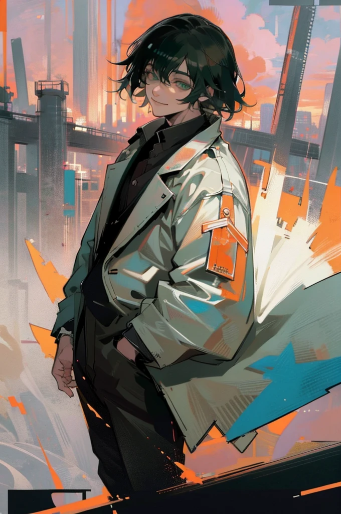 young man, black medium hair, green eyes, smiling, medium hair, wearing a pure white trench coat, wearing black pants, in one city, 4k, detailed, sui ishida art style, detailed eyes, in a sunset city
