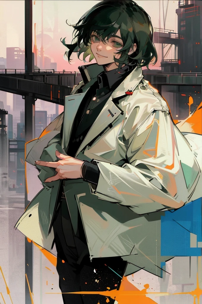 young man, black medium hair, green eyes, smiling, medium hair, wearing a pure white trench coat, wearing black pants, in one city, 4k, detailed, sui ishida art style, detailed eyes, in a sunset city
