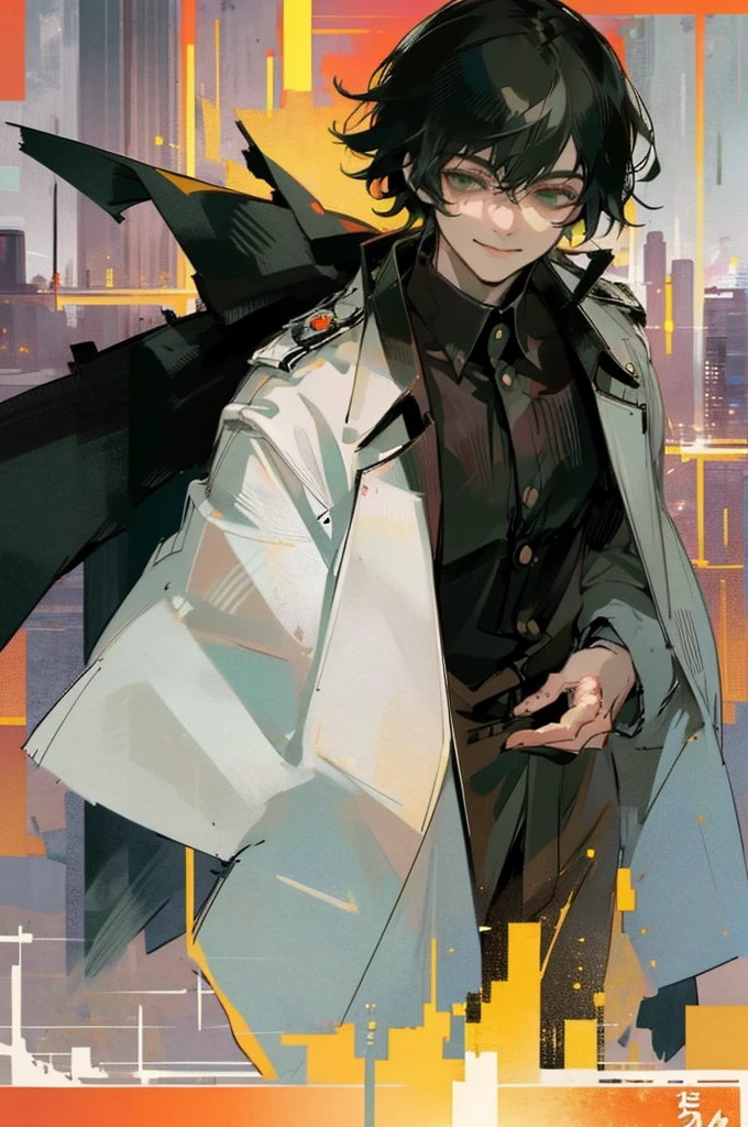 young man, black medium hair, green eyes, smiling, medium hair, wearing a pure white trench coat, wearing black pants, in one city, 4k, detailed, sui ishida art style, detailed eyes, in a sunset city
