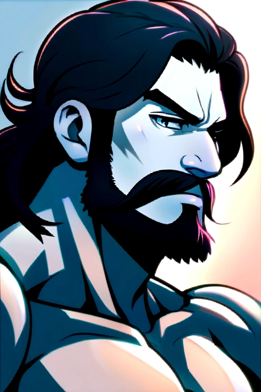 Muscular man in his mid 30s, having a messy wavy black medium hair, white skin, bearded, mustache