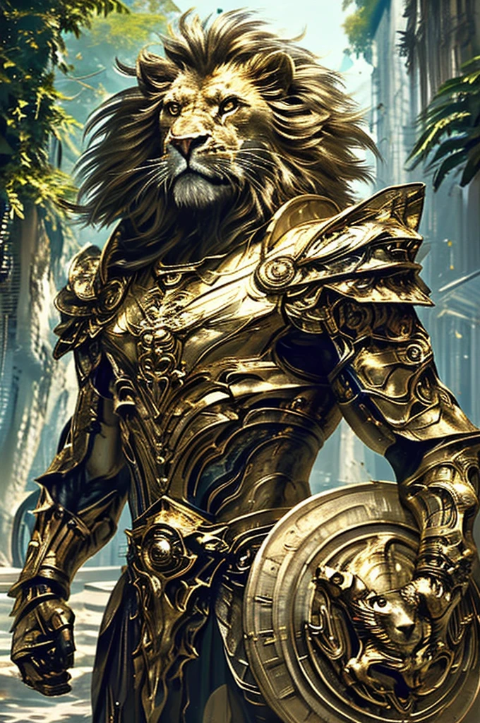 arafed high details, best quality, 8k, [ultra detailed], masterpiece, best quality, (extremely detailed), dynamic angle, ultra wide shot, photorealistic, RAW, fantasy art, dnd art, fantasy art, realistic art, a wide angle picture of a Leonin paladin ready for battle, full body  (intense details, Masterpiece, best quality: 1.5), D&D Leonin, Black Lion, dynamic eyes color, Feline eyes, ultra detailed face  (intense details, Masterpiece, best quality: 1.5), wearing heavy armor, Black armor, wearing cloak, long cloak, flowing cloak, dynamic colors, armed with sword  (intense details, Masterpiece, best quality: 1.5), holy avenger sword, sword have yellow magical aura (intense details, Masterpiece, best quality: 1.5), holding a shield  (intense details, Masterpiece, best quality: 1.5), dark temple, evil temple  background (intense details, Masterpiece, best quality: 1.5), sense of action, atmosphere of danger, Beastman Lion 