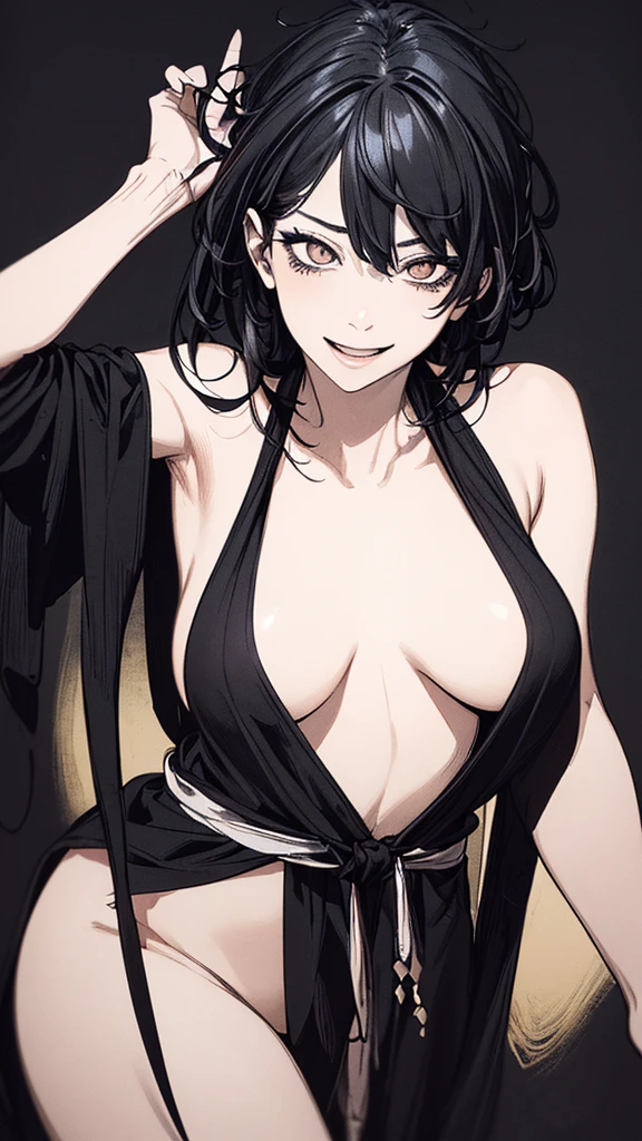 Best Quality, (Background Details), High Contrast, Very Beautiful Woman, Detailed Original Illustration, Functional, Ninja, Ninja Costume, Black Hair, Delicate Face, Charm, Bad Girl, Sexy, Real Breasts, Crazy Smile, Crazy Eyes, Black Background, (Black Background: 1.4) B&W, B&W Picture