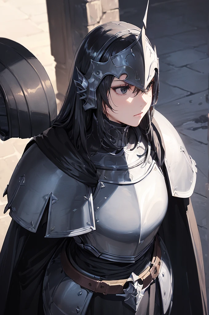 (masterpiece; best quality: 1.2), ((full armored knight woman)), ((solo)), (black eyes: 1.4), (body; toned, strong, femenine: 1.3), (beautiful and clear background: 1.2), ((depth of field)), (equipment: full plate full-black realistic armor + closed helmet with plume + black cape: 1.3), (anime illustration: 1.2), (background composition; garden exterior + furniture: 1.1), (extremely fine and beautiful: 1.1), (shot composition; standing + centered on torso + close-up: 1.5)