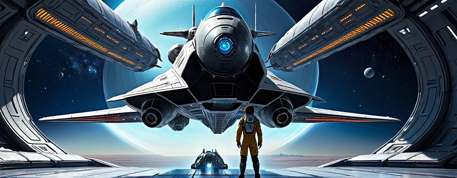 Image of a person, standing in front of a spaceship, Official registration, techno, Official poster, technoлогия, Science fiction, механическая Science fiction, сложная инопланетная technoлогия, official fan art, sci-fi digital art, A sci-fi work of art, detailed sci-fi art, A sci-fi work of art, A sci-fi work of art, album's cover, Sci-fi theme