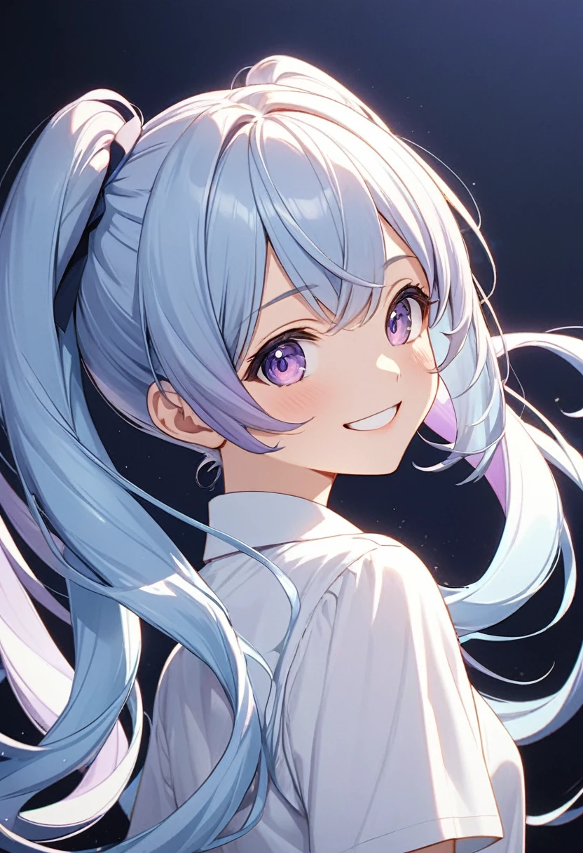     Beautiful light blue hair with long ponytails and light purple ends. An anime girl with long ponytails and a big hairband wearing a white fir shirt looks back at a happy and lively character standing on a simple abstract dark blue background, close-up( perfect anatomy )

               Beautiful and extremely fine texture，detailed, bright, High-quality animation style presentation