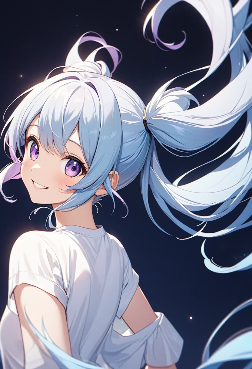      Cute light blue hair with light purple ends. An anime girl with double ponytails and long hair wearing a white fir shirt looking back and smiling. A happy and lively character standing on a simple abstract dark blue background, close-up.( perfect anatomy )

               Beautiful and extremely fine texture，detailed, bright, High-quality animation style presentation